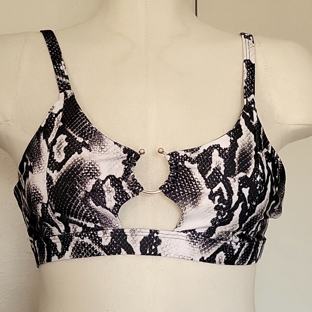 Women High Waisted Bikini Ring Sexy Snakeskin Print Black Piece Swimsuit - Picture 3 of 4